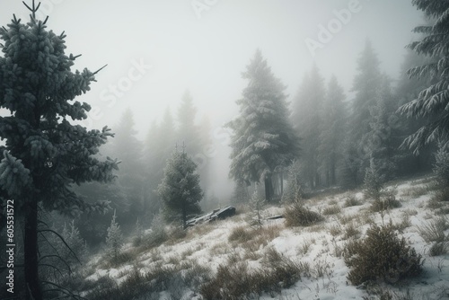 Misty pine forest with snow-covered pines. Generative AI