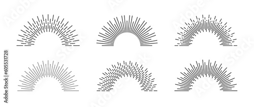 Half circle sunburst frame set. Outline sunrise and sunshine rays symbols collection. Radial light rays pack. Retro sunbeam shape. Design elements for logo, label, badge, poster. Vector bundle