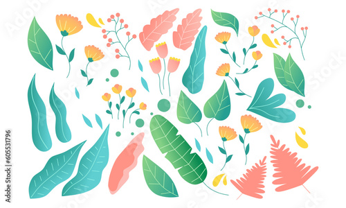 Botanical futuristic leaves and flowers isolated on a white background. Abstract modern foliage collection. Vector illustrations in flat style.