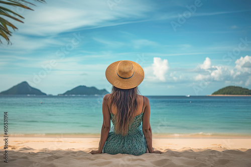 A woman from behind sits on a tropical beach in her blue dress with a straw hat and looks at the sea. Concept motif on the theme of vacation, travel and recreation. © Mirador