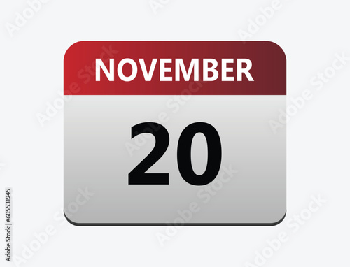 20th November calendar icon. Calendar template for the days of December. vector illustrator.