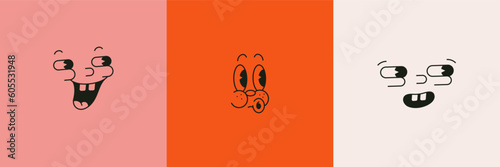 Retro Cartoon Characters Funny Faces in 30s Mascot Style. Vector Old Illustration Part Of Face - Eyes, Nose and Mouths.
