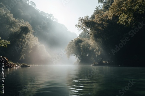 Mist hovering above a serene body of water. Generative AI