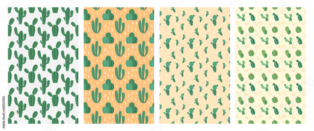 Set of Cute seamless cactus pattern. Repeating hand drawn background in the bohemian style. Trendy vector design