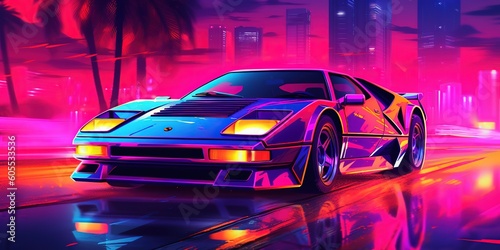 Aesthetic car synthwave wallpaper with a cool and vibrant neon design  Generative AI