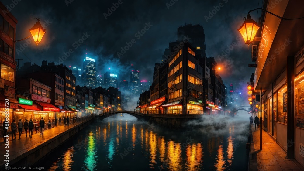 a body of water with buildings along it and people walking on the side. Ai llustration. digital painting. Artificial Intelligence Artwork a body of water with buildings along it and people walking on the side. Ai llustration. digital painting. Artificial Intelligence Artwork