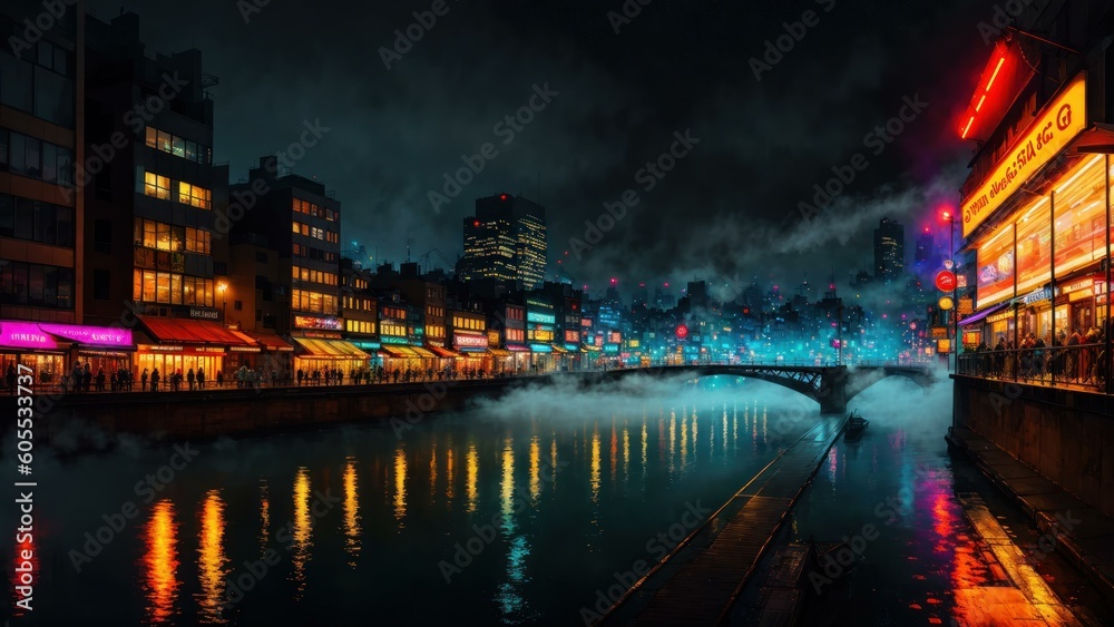 a city with a river and a bridge with lights. Ai llustration.  digital painting. Artificial Intelligence Artwork