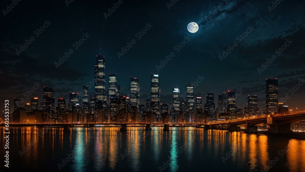 a city skyline at night. Ai llustration. digital painting. Artificial Intelligence Artwork a city skyline at night. Ai llustration. digital painting. Artificial Intelligence Artwork