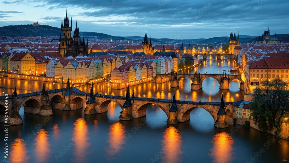 Fototapeta premium a bridge over a river with a city in the background. Ai llustration. fantasy digital painting. Artificial Intelligence Artwork