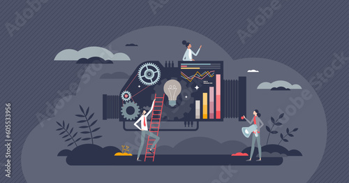 Innovation engine as symbolic new creative project launch tiny person concept. Startup idea development with business strategy and data analysis parts vector illustration. Collaboration and team work