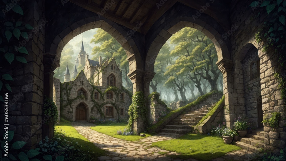 a stone building with a large arched doorway. Ai llustration. fantasy digital painting. Artificial Intelligence Artwork