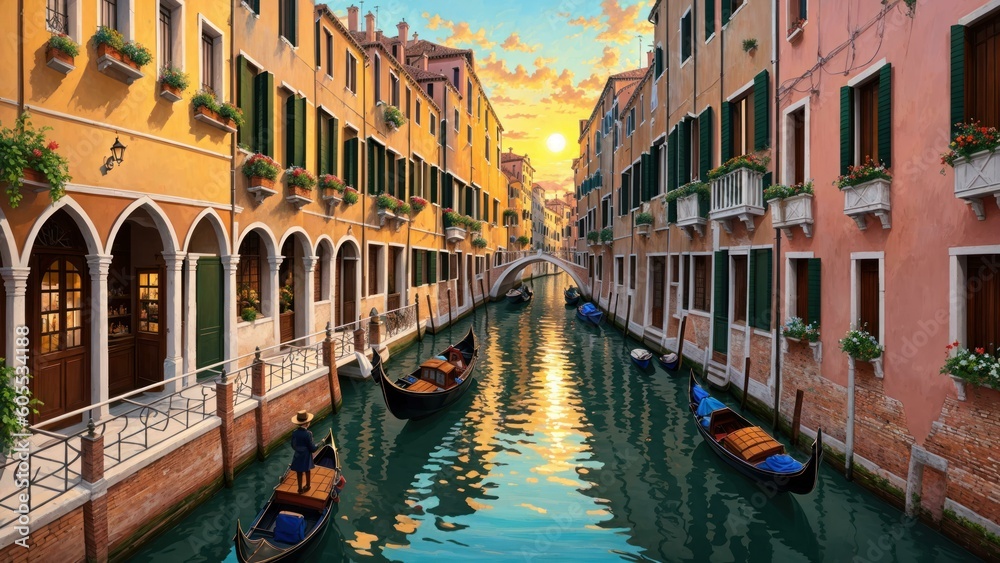a canal with boats and buildings. Ai llustration. fantasy digital painting. Artificial Intelligence Artwork