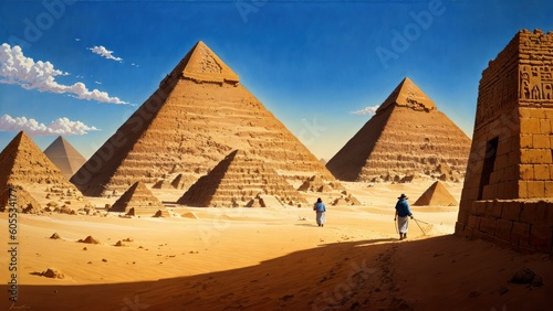 people walking in a desert with Giza pyramid complex in the background. Ai llustration. fantasy digital painting. Artificial Intelligence Artwork