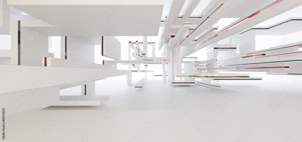 Luxury parametric abstract architectural minimalistic background. Contemporary showroom. Modern colored glass exhibition tunnel. Empty gallery. Backlight. 3D illustration and rendering.