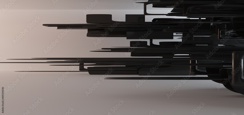Luxury parametric abstract architectural minimalistic background. Contemporary showroom. Modern black exhibition tunnel. Empty gallery. Stand, table. Interior backlight. 3D illustration and rendering.