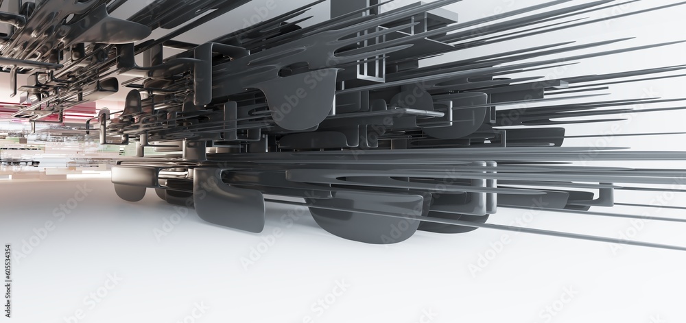 Luxury parametric abstract architectural minimalistic background. Contemporary showroom. Modern black exhibition tunnel. Empty gallery. Stand, table. Interior backlight. 3D illustration and rendering.
