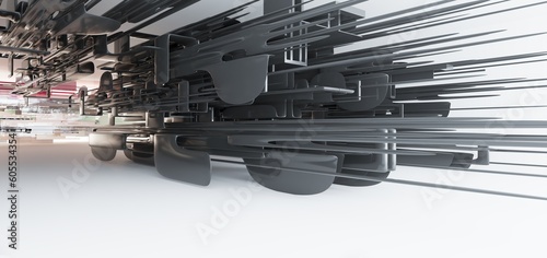 Obraz na płótnie Luxury parametric abstract architectural minimalistic background. Contemporary showroom. Modern black exhibition tunnel. Empty gallery. Stand, table. Interior backlight. 3D illustration and rendering. w salonie