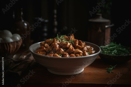 Pork in a tangy sauce served in a bowl. Generative AI