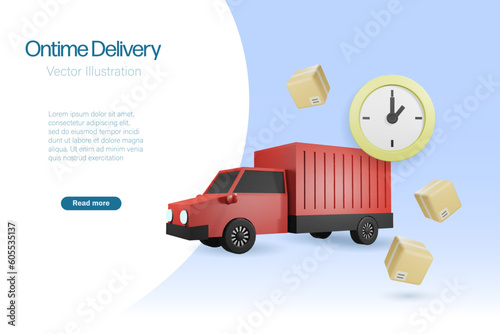 Truck delivery carton box at punctual time. Online shopping and on time delivery service with shipment GPS tracking system. Logistics and distribution smart system. 3D vector