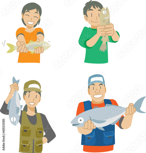 魚を持った釣り人のイラスト