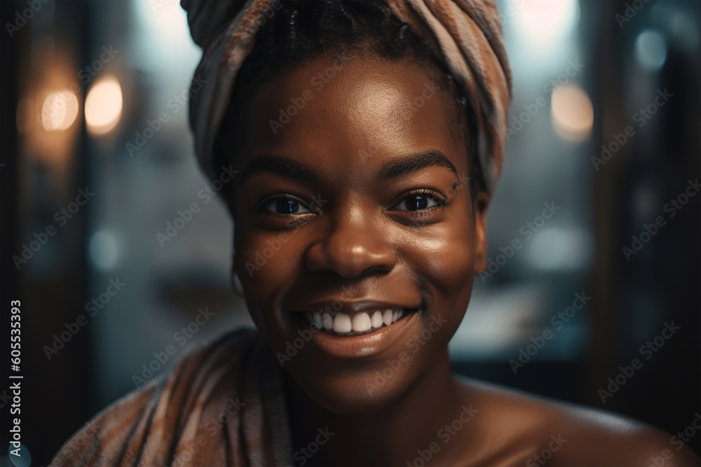 Happy black woman with towel on head in bathroom. Portrait smiling wet african american woman after shower looking at camera, hygiene self care. Generative AI Happy black woman with towel on head in bathroom. Portrait smiling wet african american woman after shower looking at camera, hygiene self care. Generative AI