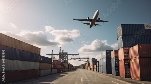 airplane fly on top of cargo port
