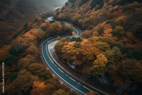 A meandering road winds through South Korea's autumnal forest. Generative AI © Stevie