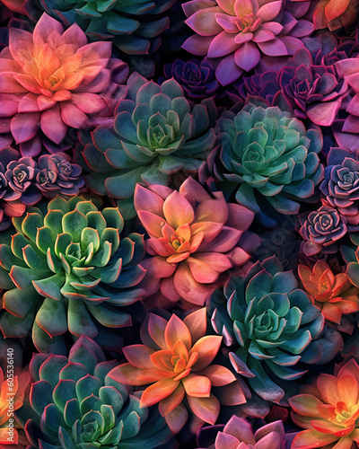 A colorful grouping of succulent plants in a beautiful scene. Created with Generative AI.