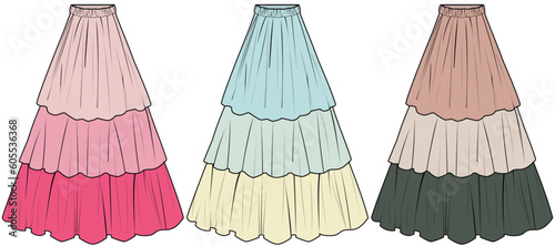 womens high waist tiered skirt flat sketch vector illustration long maxi skirt technical cad drawing template