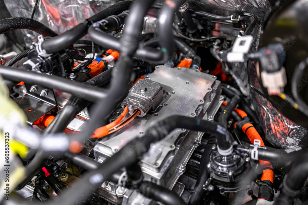 Electric automobile engine components with elements of electronic distribution block