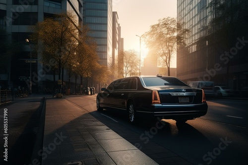 Early morning limo ride in city business area. Generative AI