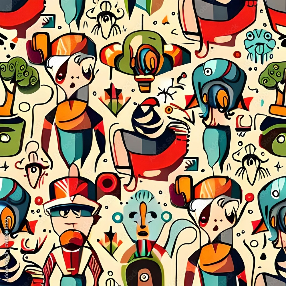 Fototapeta premium Colorful abstract background shape cartoon character seamless pattern illustration . funny art background with faces and drawing doodle using with generative AI tools
