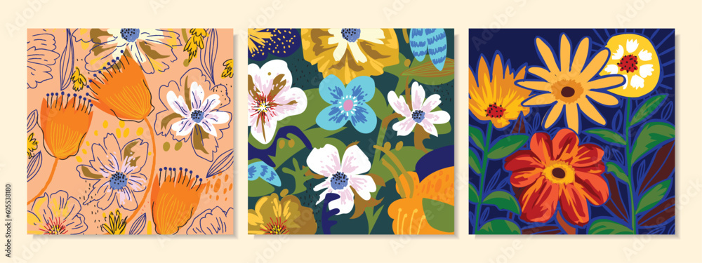 Set of colorful abstract flowers and leaves floral hand drawn in retro style vector illustration wall art background.