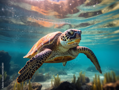 A Sea Turtle in Nature with a Shallow Depth of Field   Generative AI