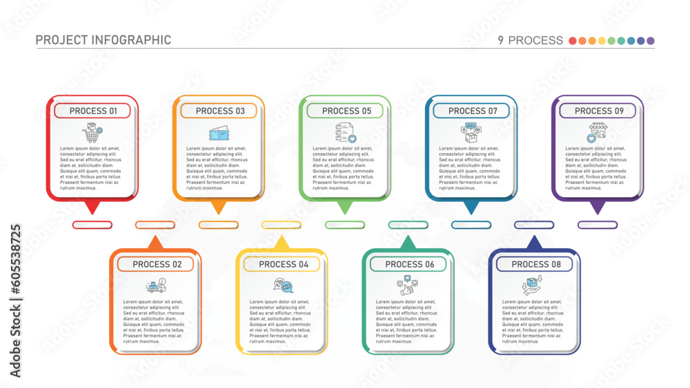 Horizontal timeline or flowchart with nine square elements and space ...