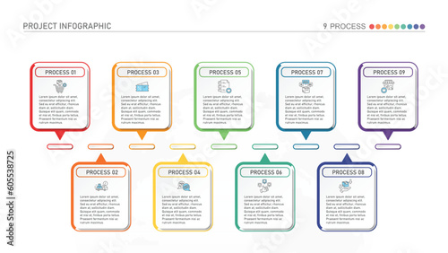 Horizontal timeline or flowchart with nine square elements and space for data. Concept of 9 successive steps of company process.