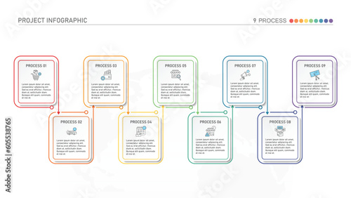 Horizontal timeline or flowchart with nine square elements and space for data. Concept of 9 successive steps of company process.