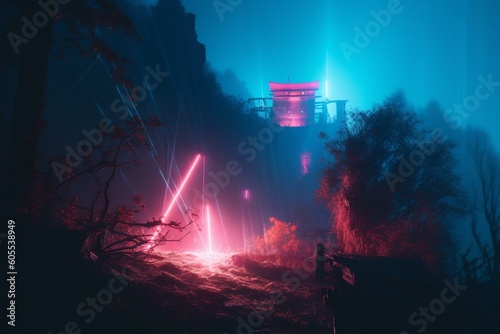 A digital portal with red neon lights, glowing lines, and laser show in pink and blue colors amid fog, smoke, terrain, and ground. Generative AI © Ethan