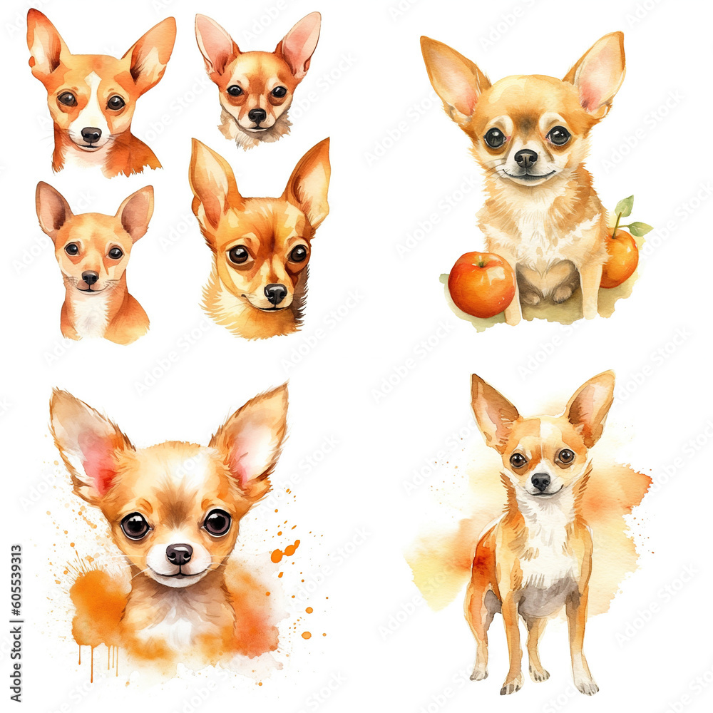 watercolor painting clip art chihuahua dog white background
