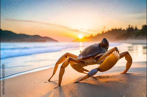 a crab is on the sand by the beach in the evening, behind it are the rays of the setting sun.