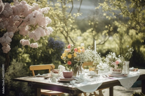 Spring table decoration featuring blooming trees & sun-drenched garden. Generative AI