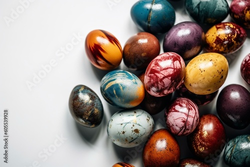 Colorful Easter eggs on white background with copy space. Top view. Generative AI
