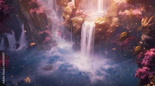 Enchanted Waterfall Romance, where the ethereal beauty of a daylight-illuminated fairytale landscape merges with a cascading pink wonder, captivating with cinematic light and dreamlike ambiance
