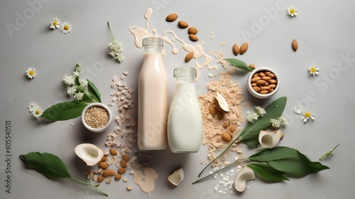 Plant based milk, various types of vegan milk. The growing trend towards dairy alternatives in the quest for a more sustainable and health conscious lifestyle. Generative AI