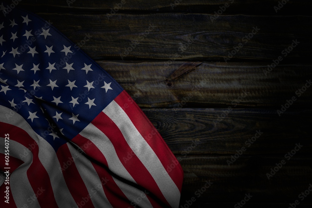 Obraz premium nice any celebration flag 3d illustration. - dark picture of USA flag with big folds on old wood with free space for content