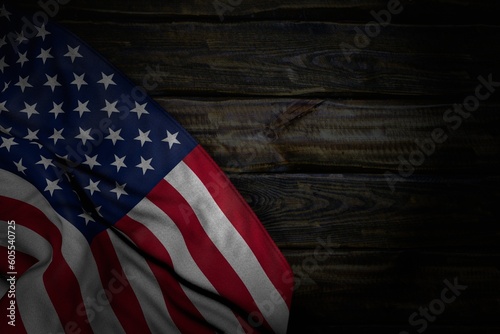 nice any celebration flag 3d illustration. - dark picture of USA flag with big folds on old wood with free space for content