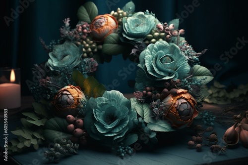 A digital artwork of a stunning sea-colored flower arrangement with leaves and a bouquet, resembling a wreath. Botanical and fine art inspired. Generative AI