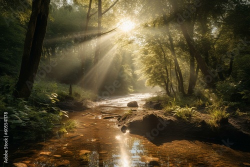 A breathtaking forest landscape featuring trees, a flowing creek, and radiant sun. Generative AI © Amelia