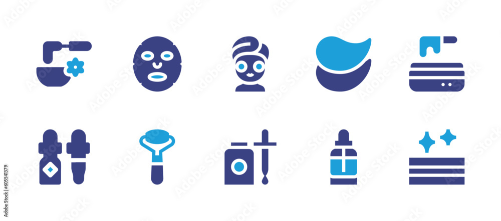 Skincare icon set. Duotone color. Vector illustration. Containing mud, skincare, face mask, eye mask, wax, serum, face roller, essential oil, perfect skin.
