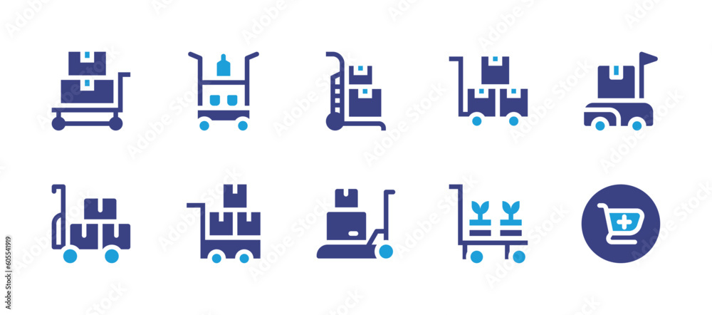 Trolley icon set. Duotone color. Vector illustration. Containing trolley, delivery cart, delivery box, plant pot, add cart.